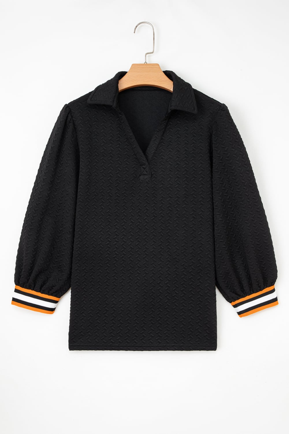 Black Stylish Textured Striped Patchwork Polo Collar Pullover Sweatshirt