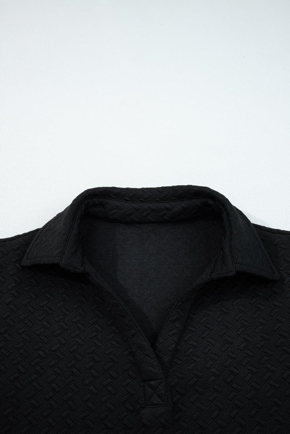 Black Stylish Textured Striped Patchwork Polo Collar Pullover Sweatshirt