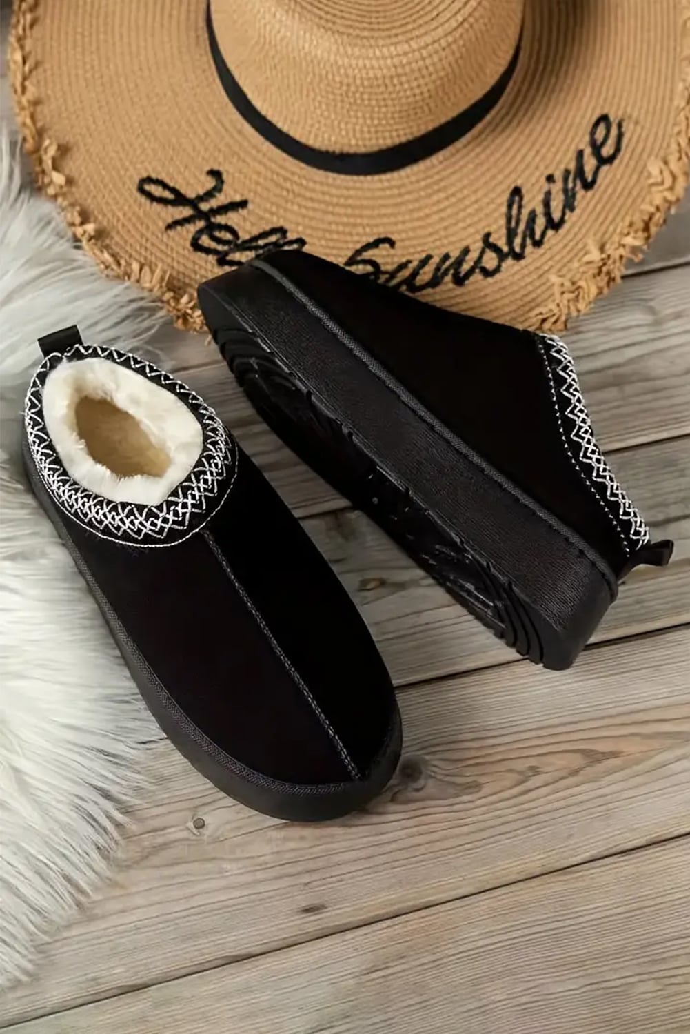 Black Faux Suede Embroidered Detail Plush Lined Platform Slippers