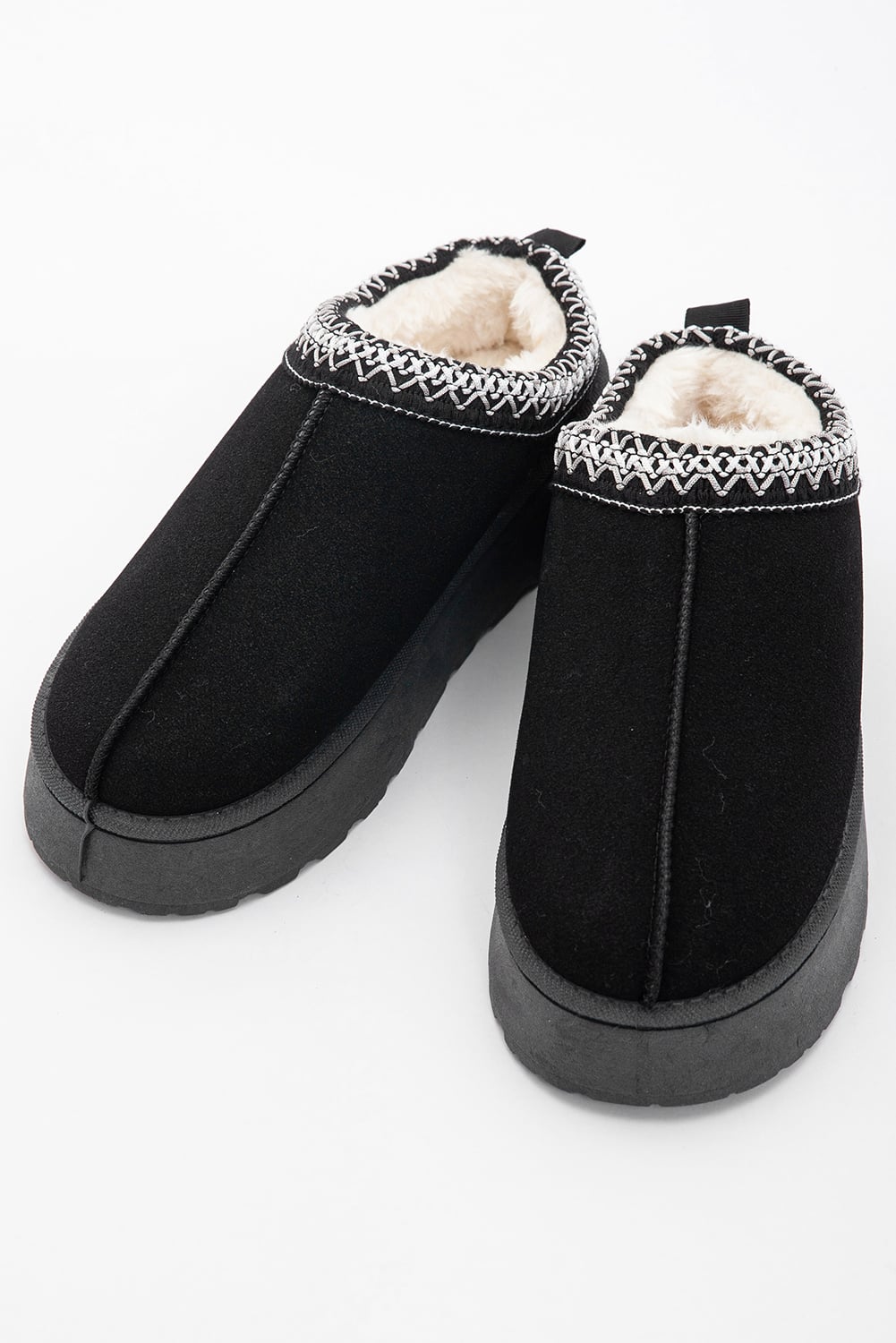 Black Faux Suede Embroidered Detail Plush Lined Platform Slippers