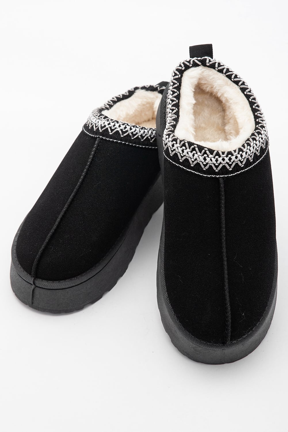 Black Faux Suede Embroidered Detail Plush Lined Platform Slippers