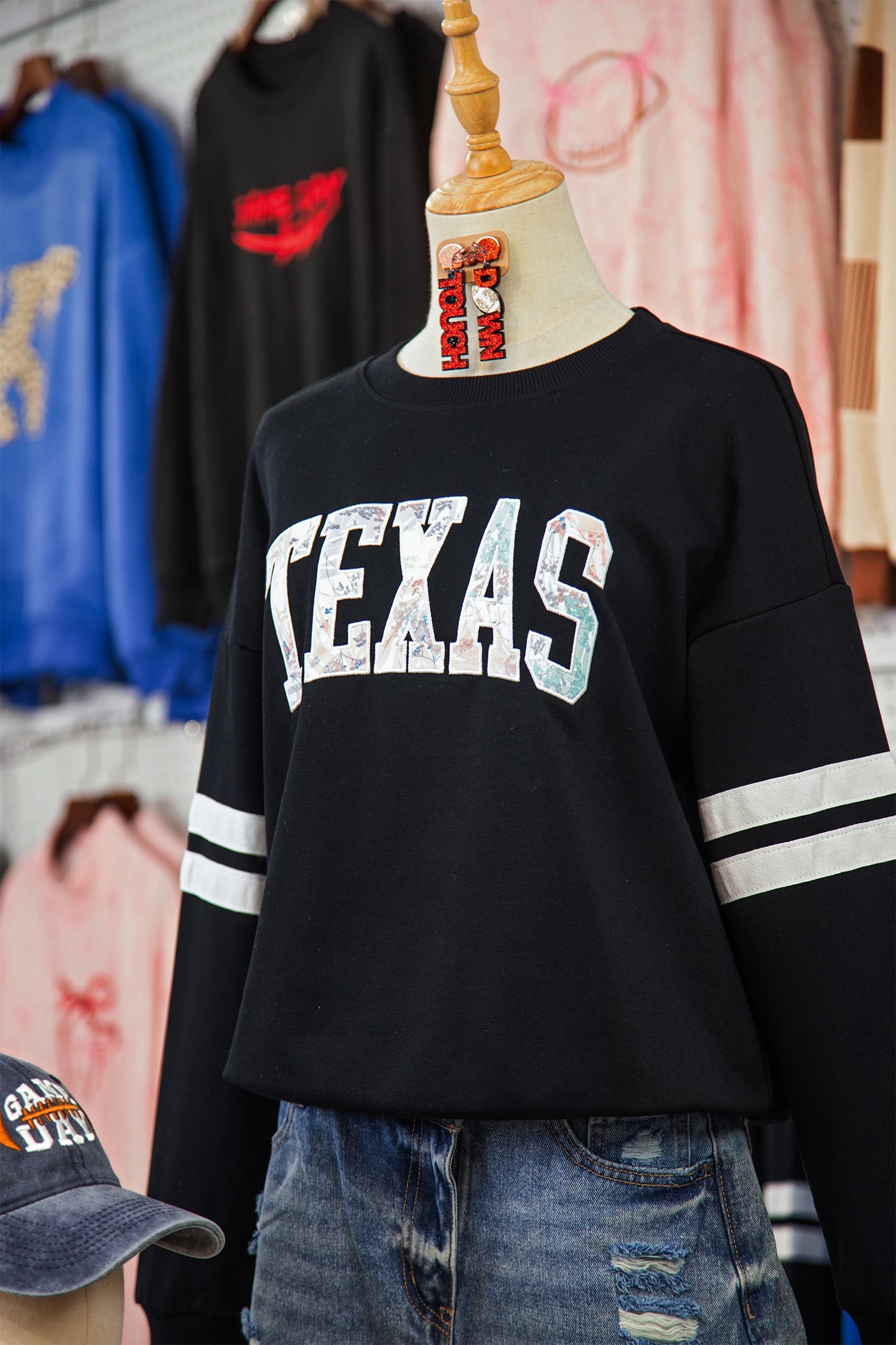 Black TEXAS Embroidered Trim Patched Graphic Oversized Varsity Sweatshirt