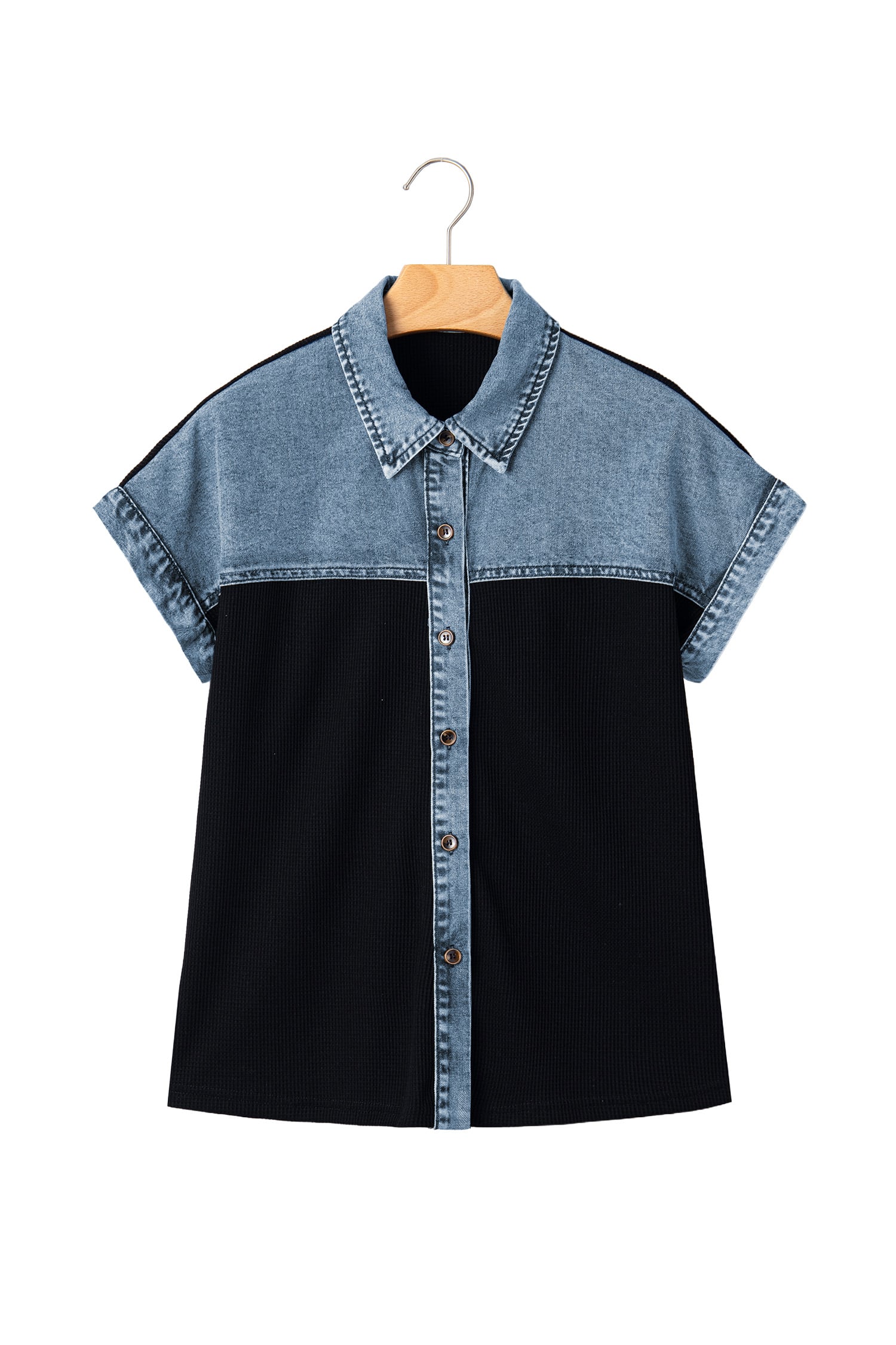 Black Textured Knit Denim Color Block Patchwork Collar Button Down Shirt