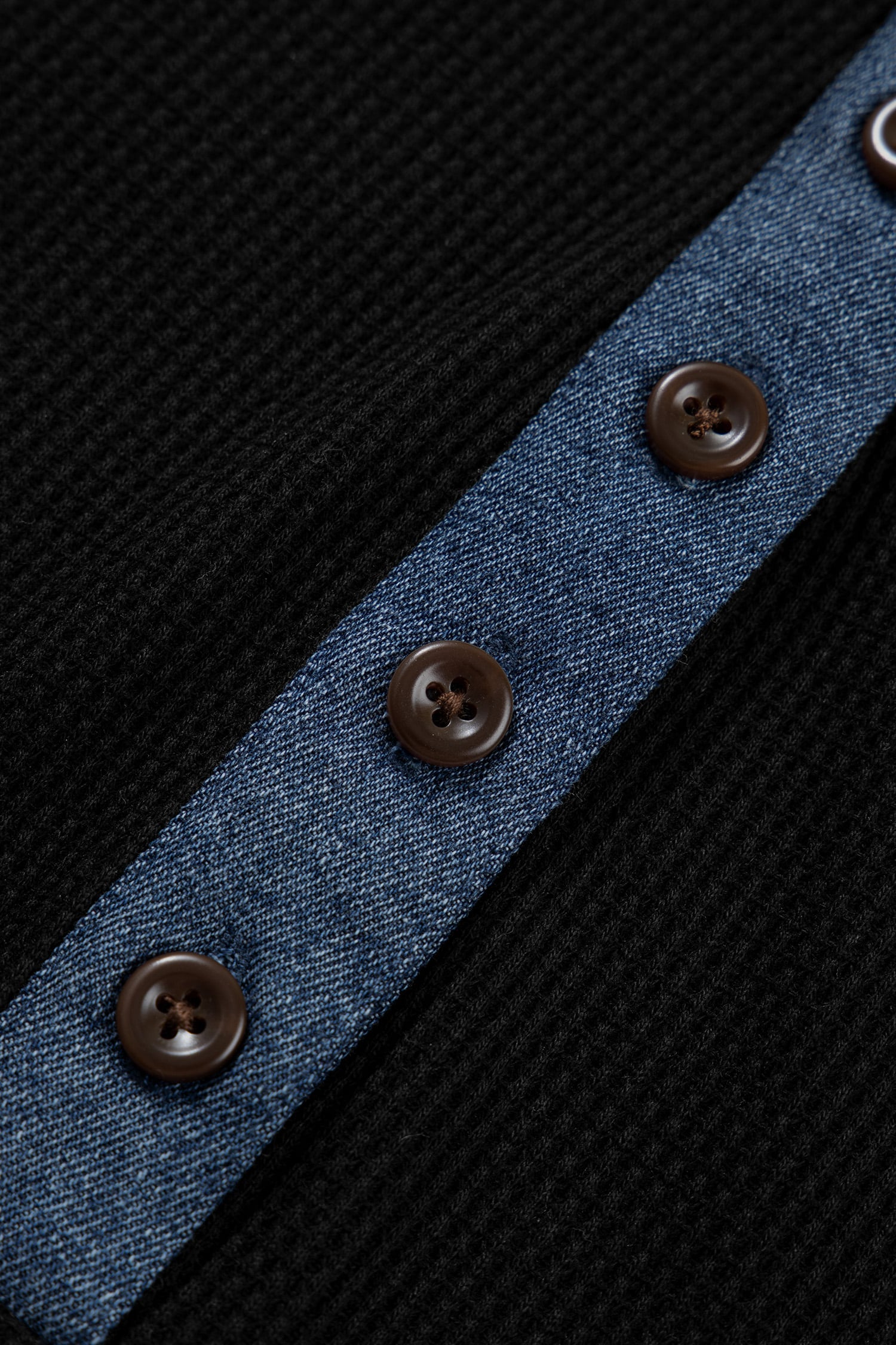 Black Textured Knit Denim Patchwork Button Polo Collar Long Sleeve Top