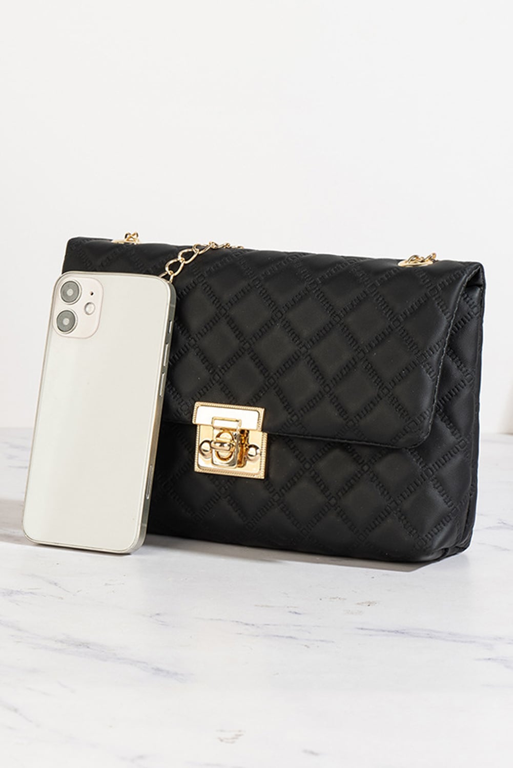 Black Textured PU Leather Gold Chain Buckle Single Shoulder Bag