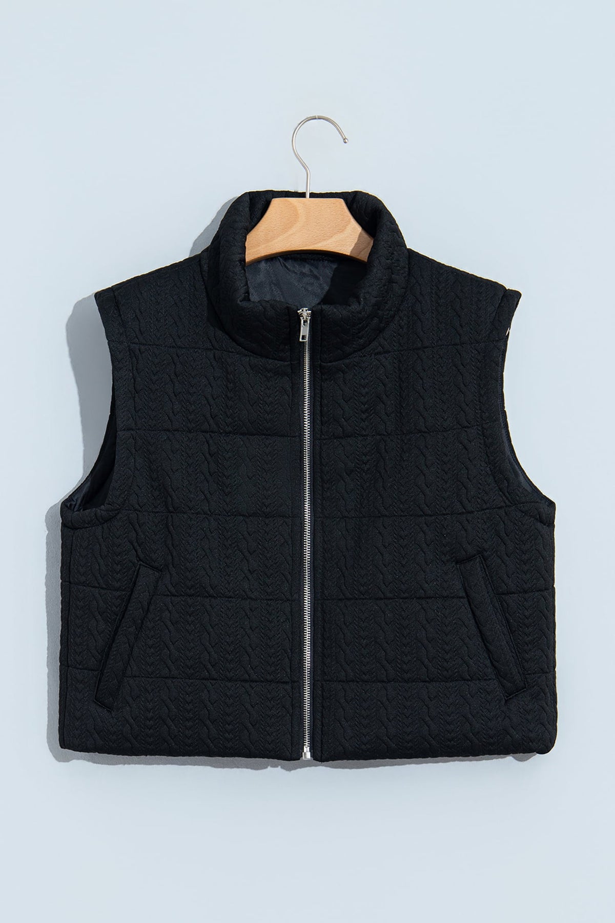 Black Textured Quilted Stand Neck Zipper Winter Vest