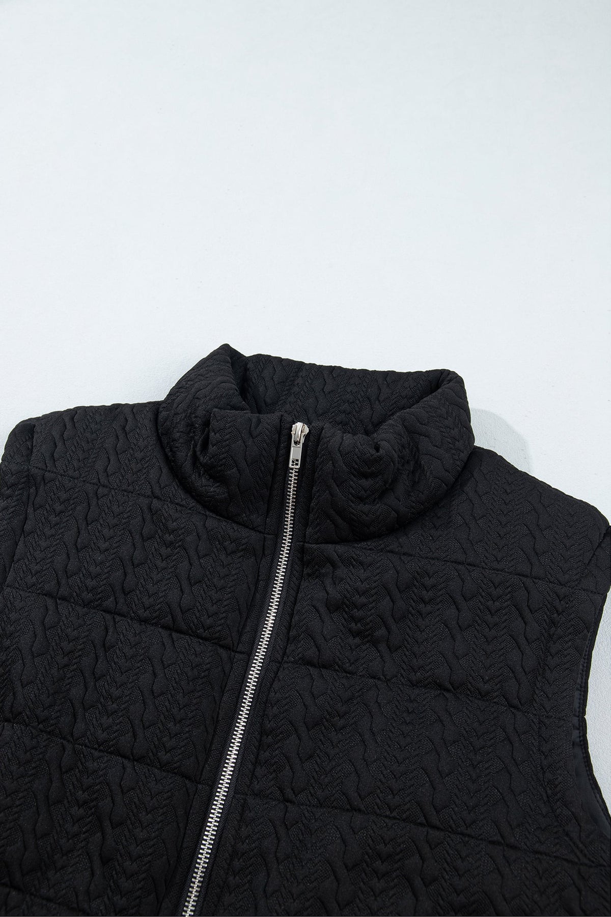 Black Textured Quilted Stand Neck Zipper Winter Vest
