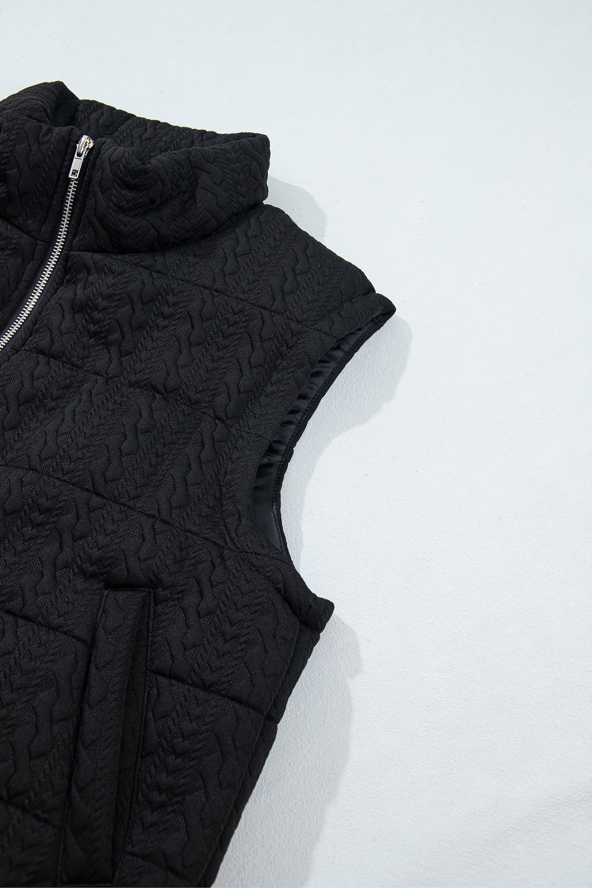 Black Textured Quilted Stand Neck Zipper Winter Vest