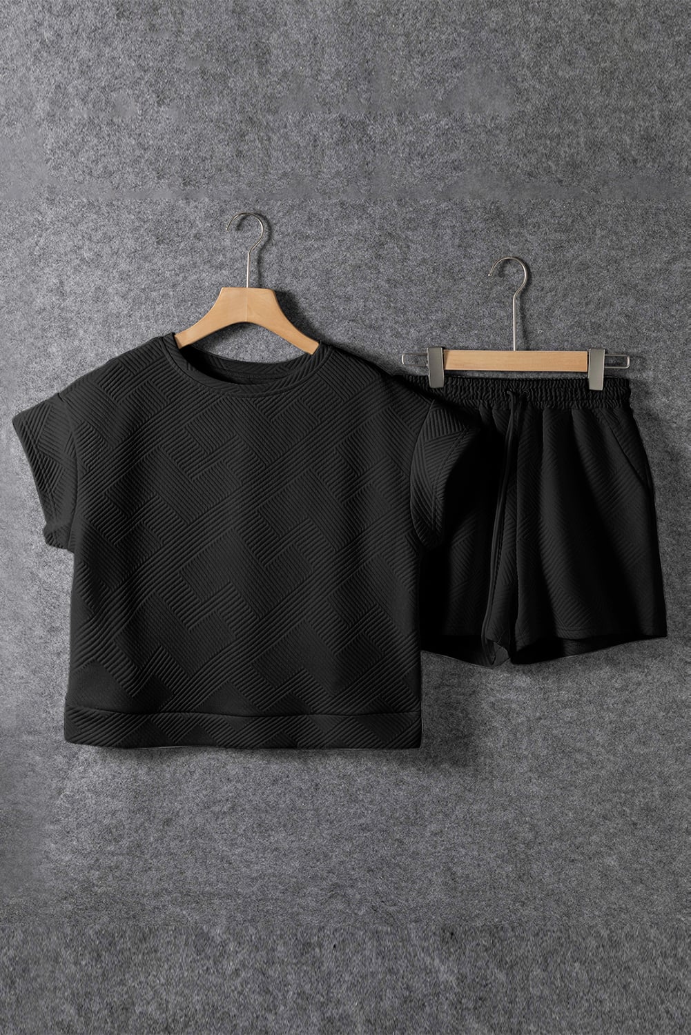 Black Textured Short Sleeve Top and Shorts Set