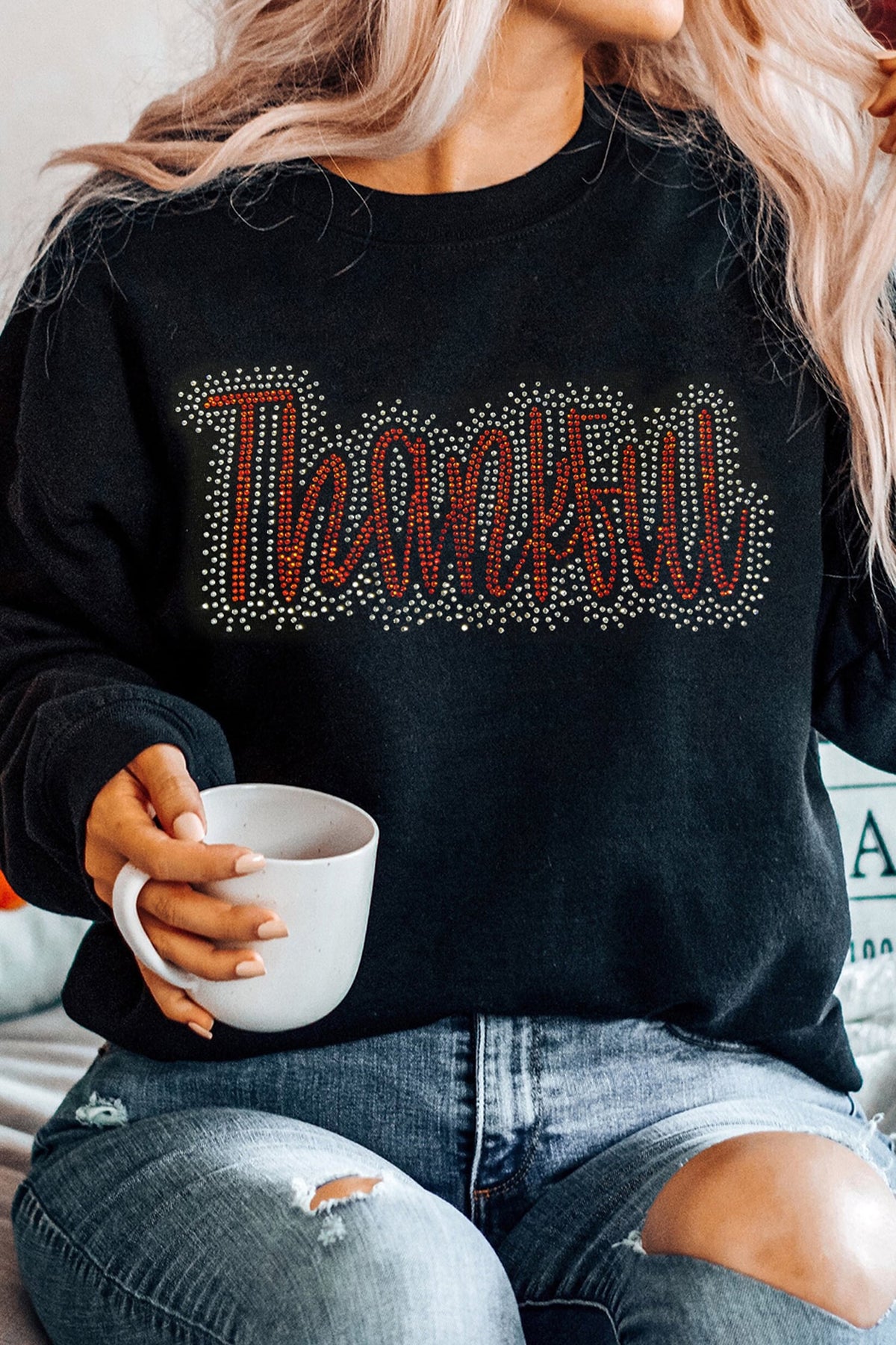 Black Thankful Rhinestone Round Neck Pullover Sweatshirt