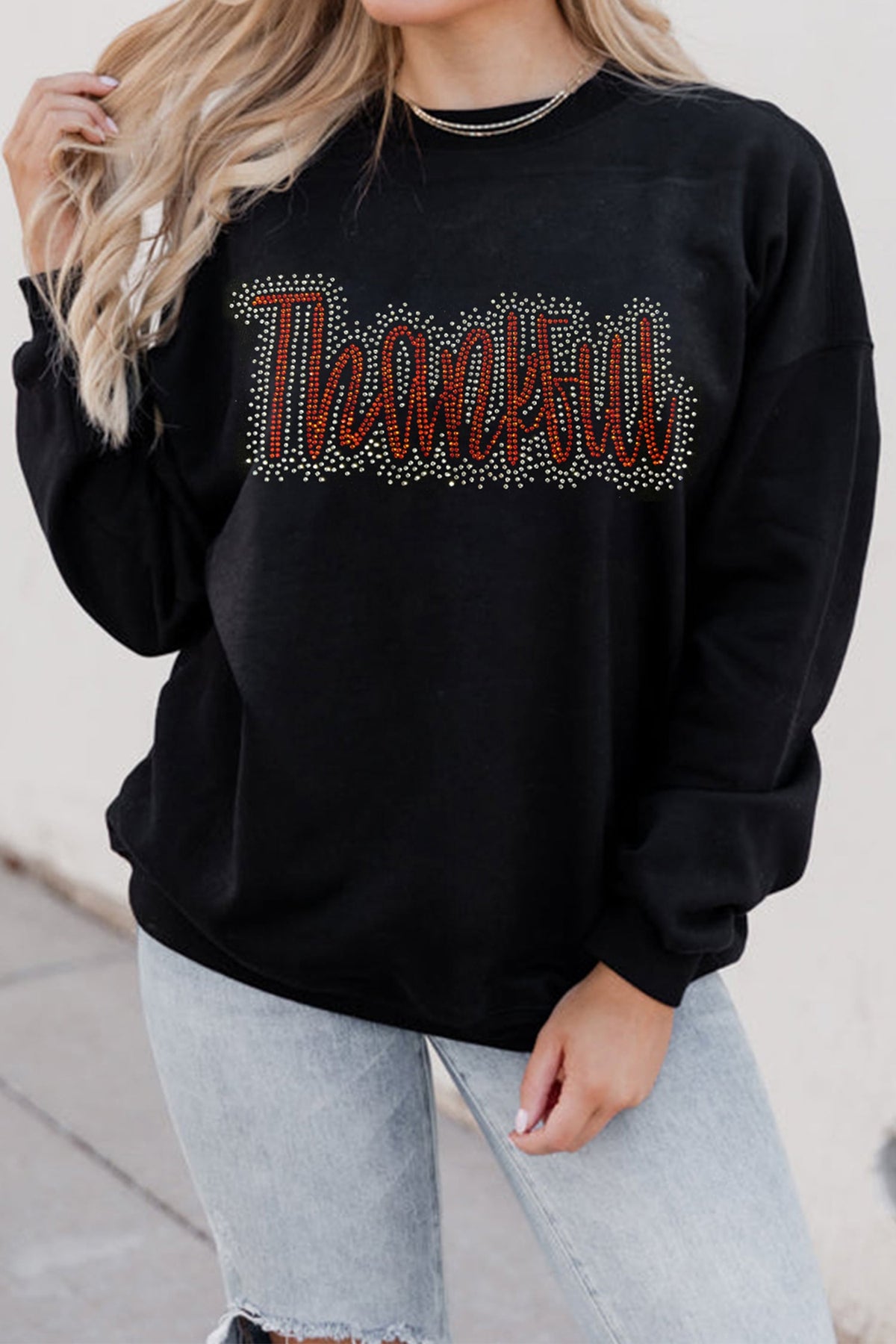 Black Thankful Rhinestone Round Neck Pullover Sweatshirt