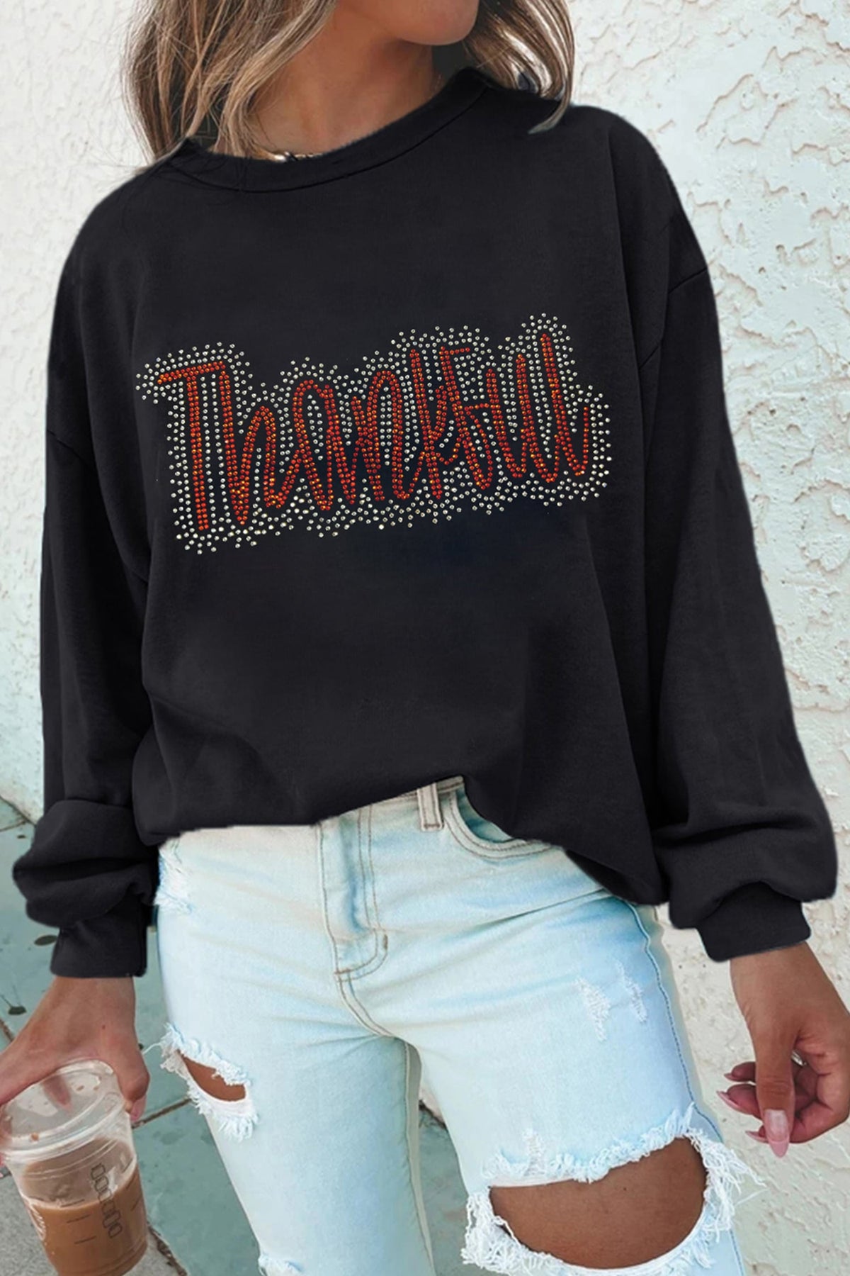 Black Thankful Rhinestone Round Neck Pullover Sweatshirt