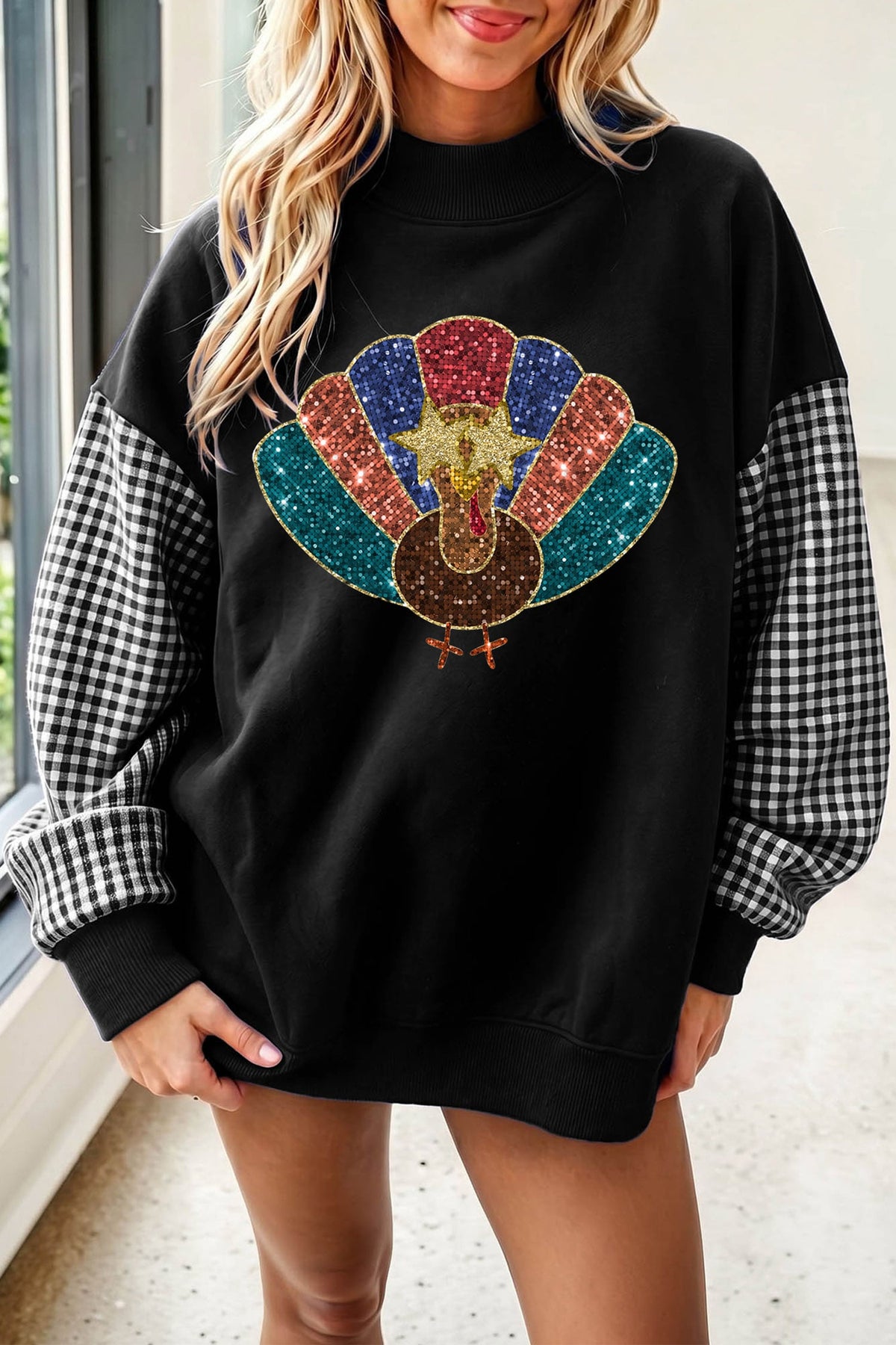 Black Thanksgiving Fashion Sequin Turkey Plaid Patchwork Sleeve Baggy Sweatshirt