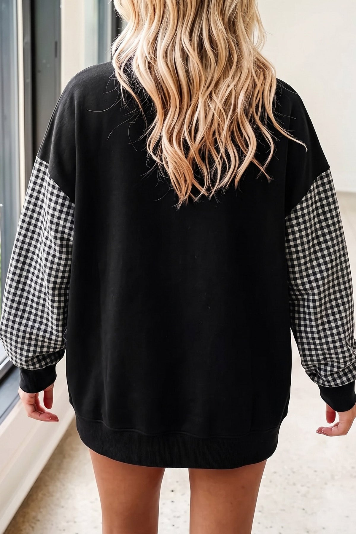 Black Thanksgiving Fashion Sequin Turkey Plaid Patchwork Sleeve Baggy Sweatshirt