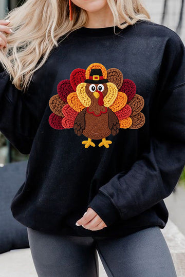 Black Thanksgiving Turkey Heat-transfer-print Pullover Sweatshirt
