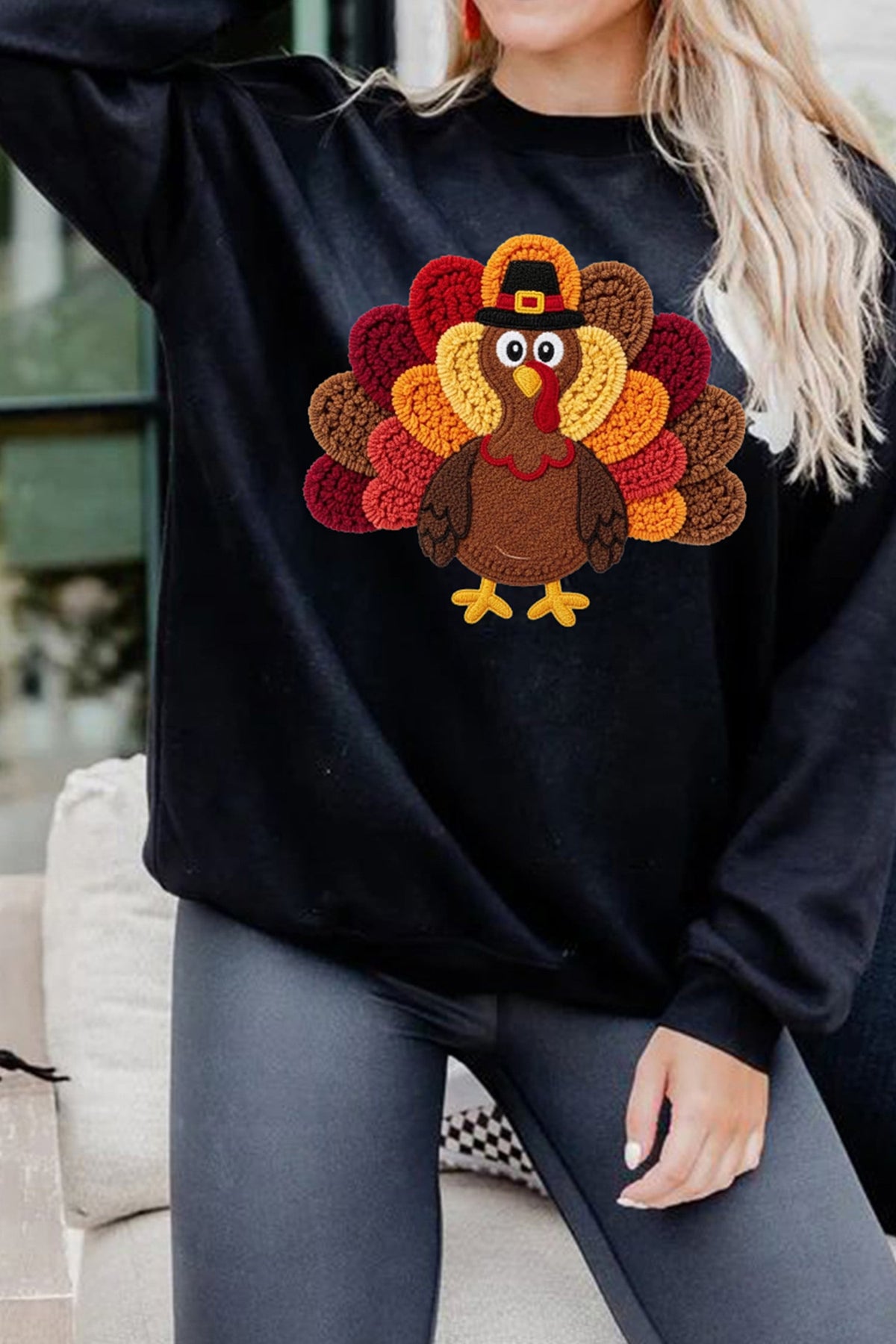 Black Thanksgiving Turkey Heat-transfer-print Pullover Sweatshirt