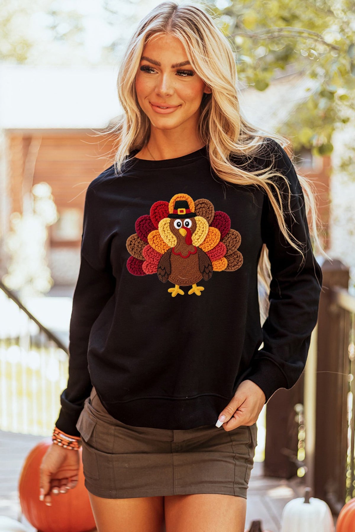 Black Thanksgiving Turkey Heat-transfer-print Pullover Sweatshirt