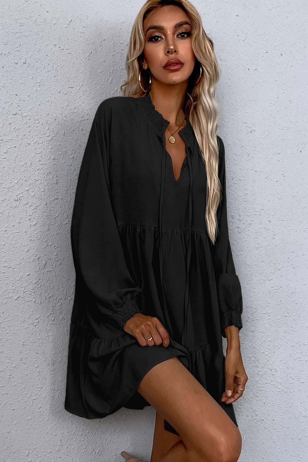 Black Tie Split Neck Smocked Detail Long Puff Sleeve Ruffle Hem Loose Dress