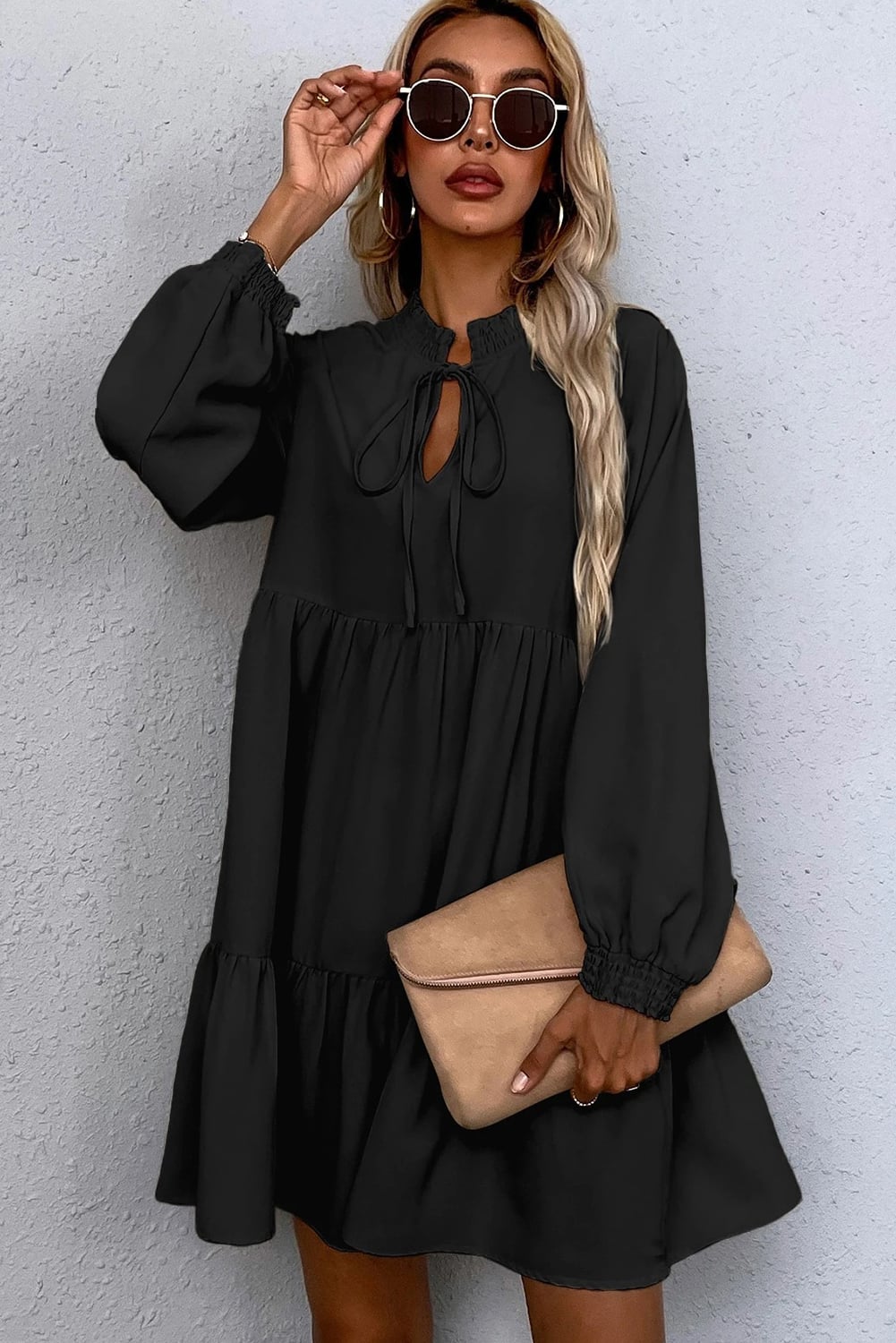 Black Tie Split Neck Smocked Detail Long Puff Sleeve Ruffle Hem Loose Dress
