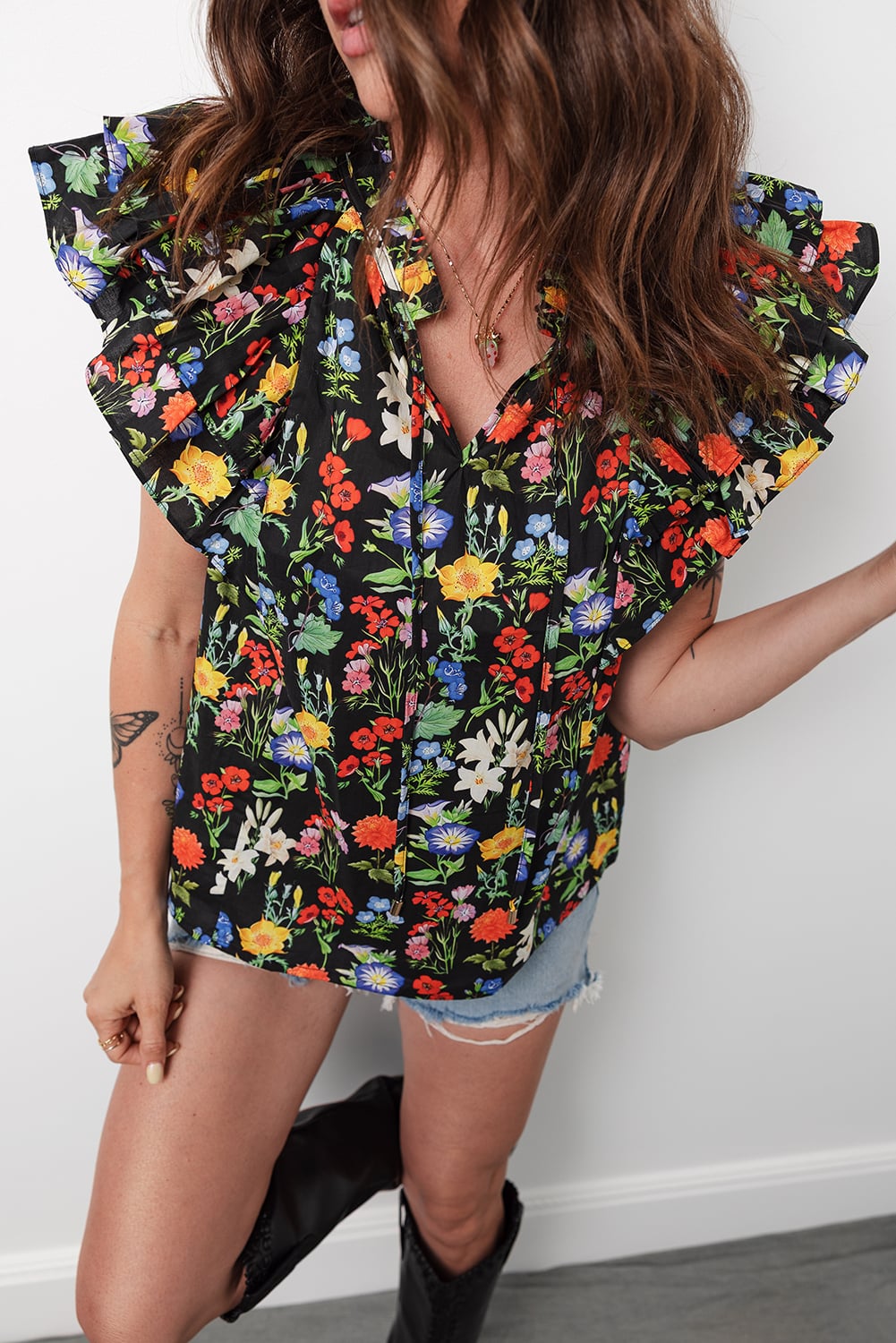 Black Tiered Flutter Sleeve V Neck Flower Blouse