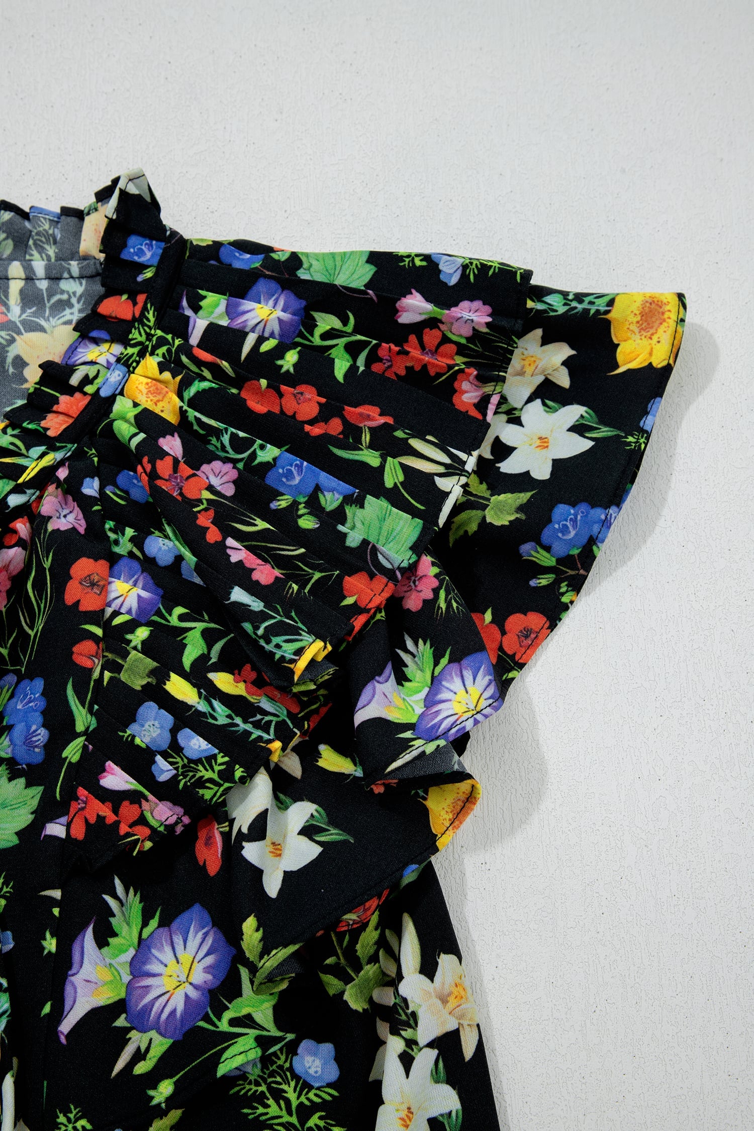 Black Tiered Flutter Sleeve V Neck Flower Blouse