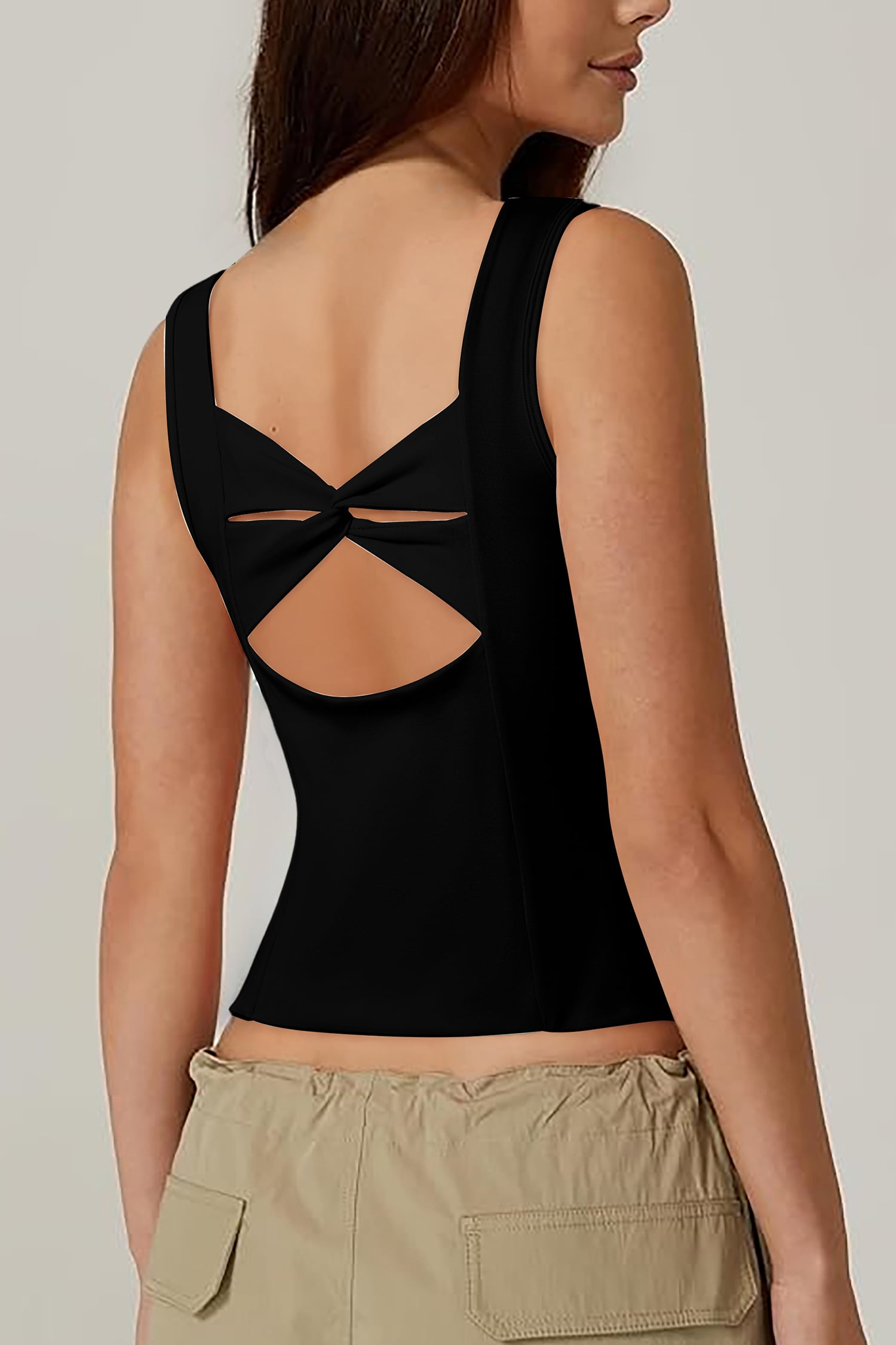 Black Twisted Cross Back Sleeveless U Neck Bra Insert Tank Top