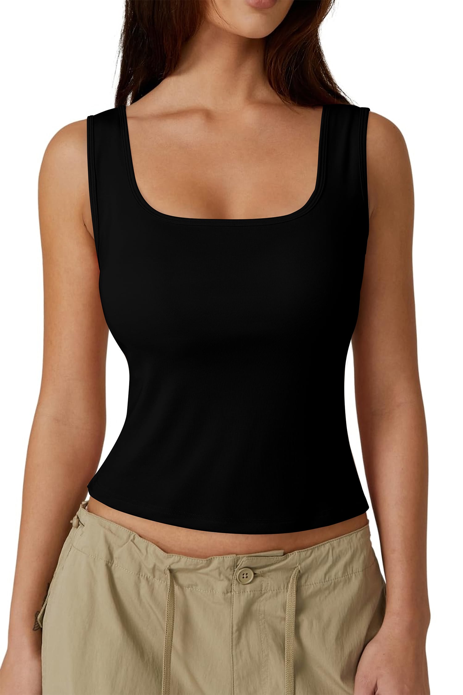 Black Twisted Cross Back Sleeveless U Neck Bra Insert Tank Top
