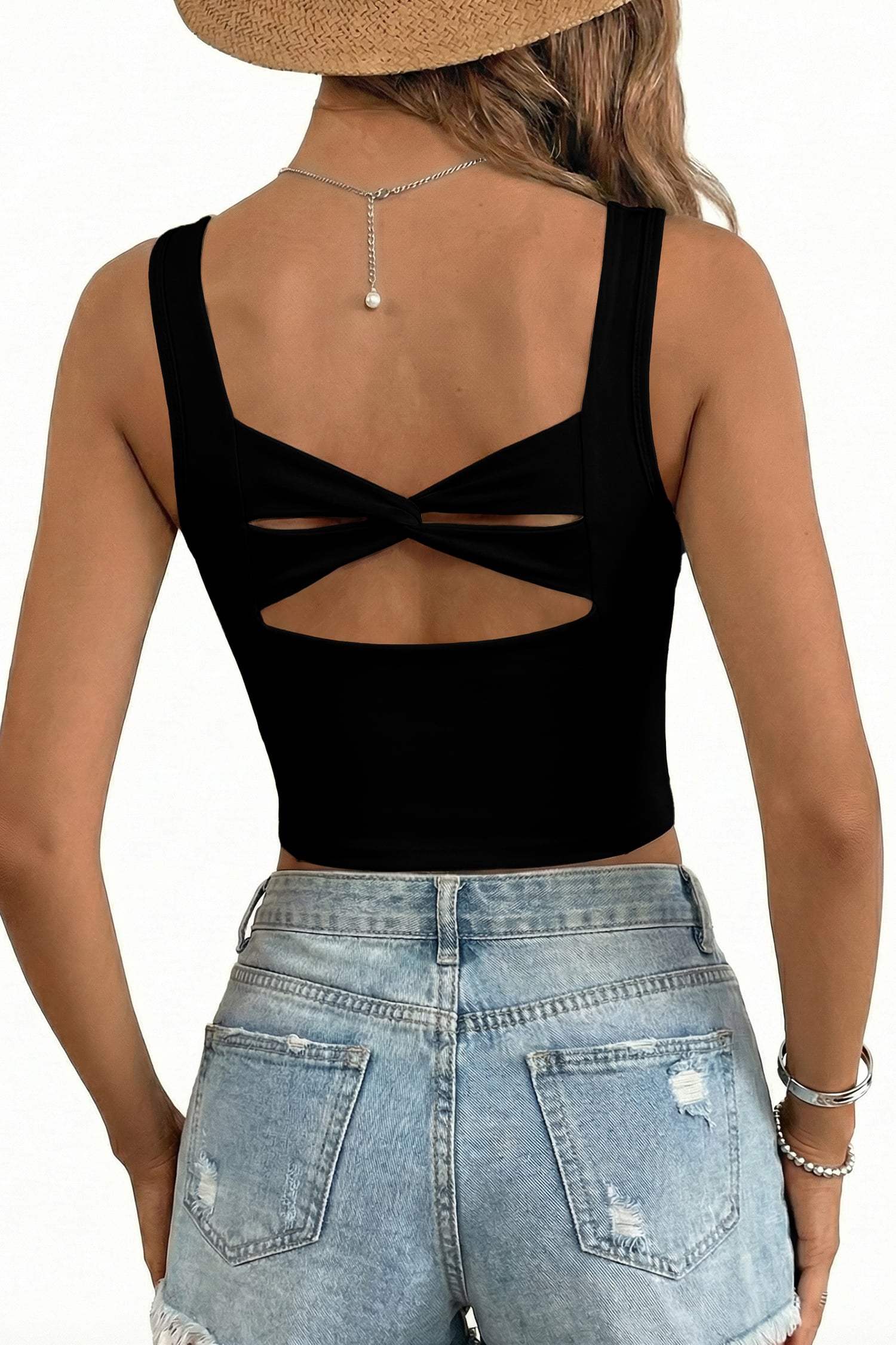 Black Twisted Cross Back Sleeveless U Neck Bra Insert Tank Top