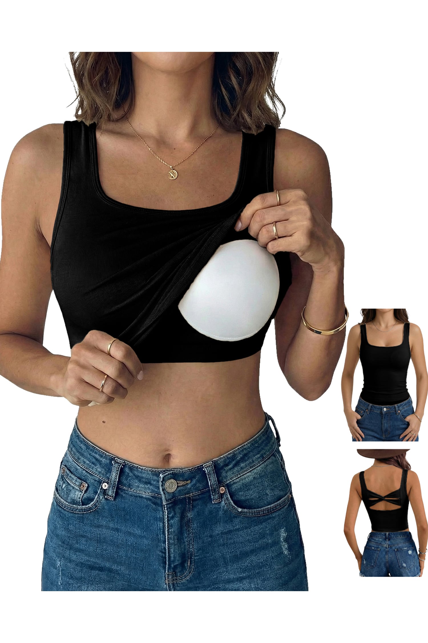 Black Twisted Cross Back Sleeveless U Neck Bra Insert Tank Top