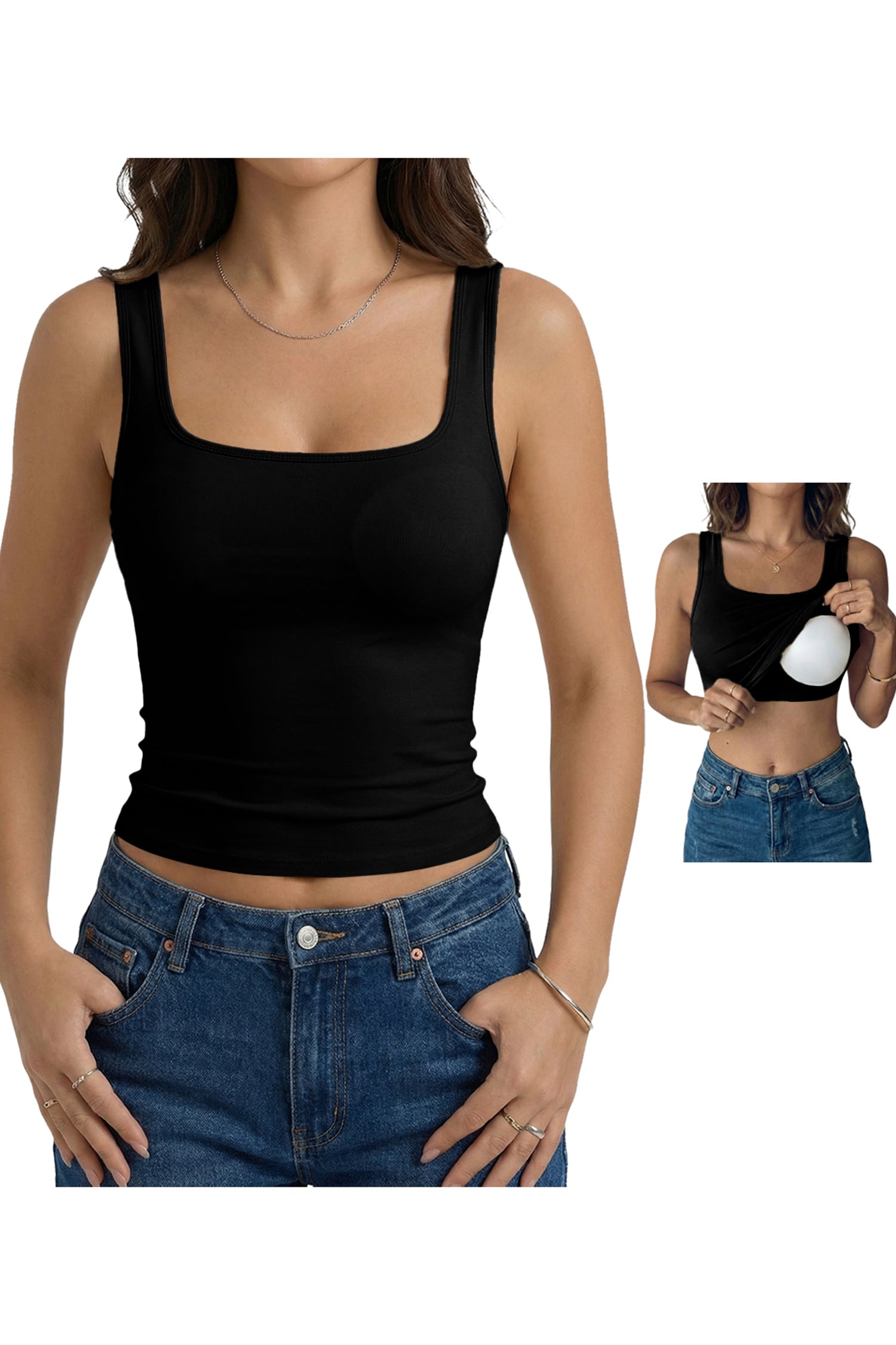 Black Twisted Cross Back Sleeveless U Neck Bra Insert Tank Top