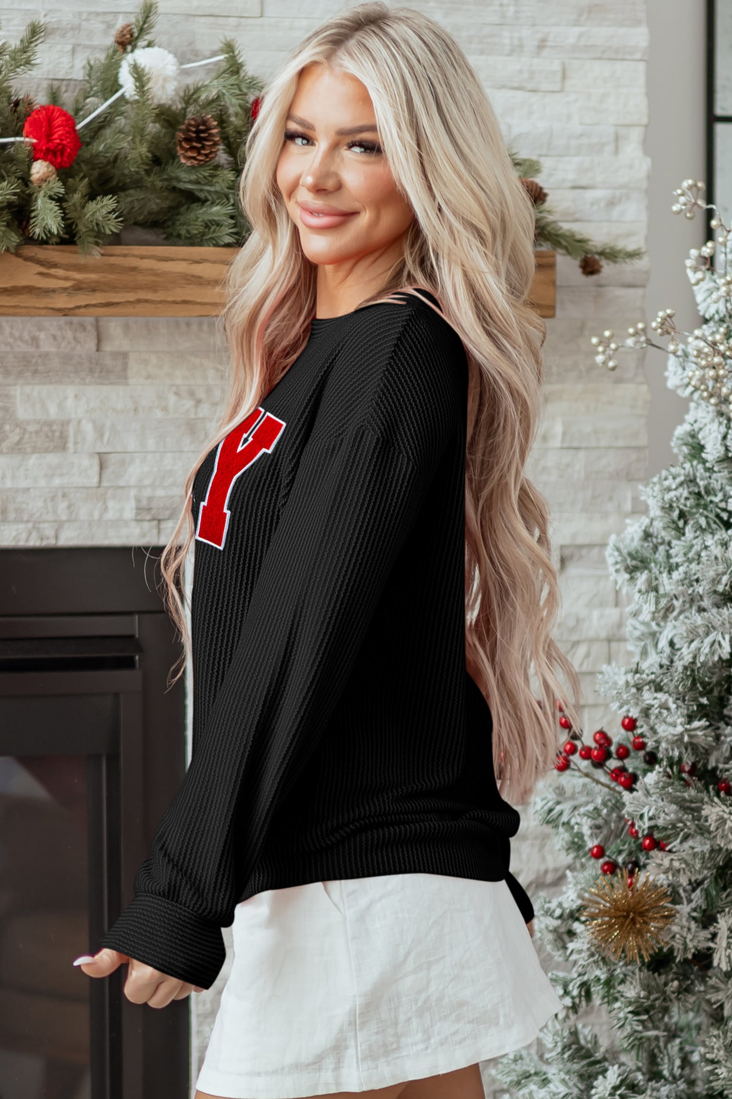 Black Twisted Rib Outlined Merry Letter Graphic Loose Long Sleeve Top