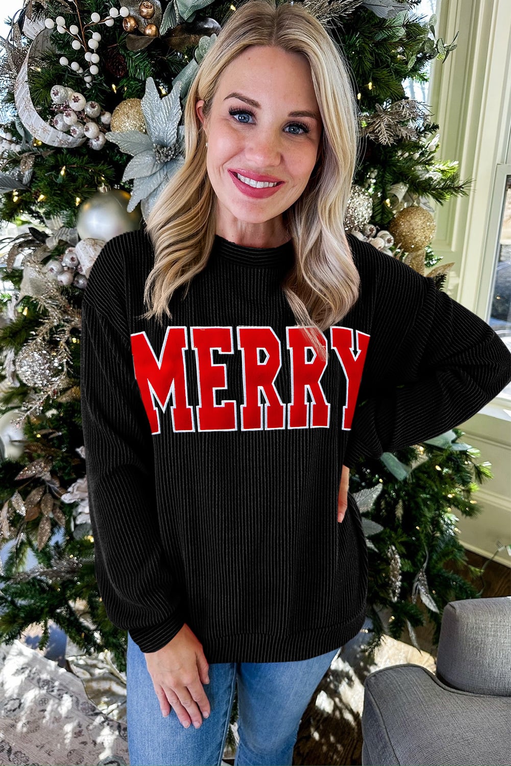 Black Twisted Rib Outlined Merry Letter Graphic Loose Long Sleeve Top