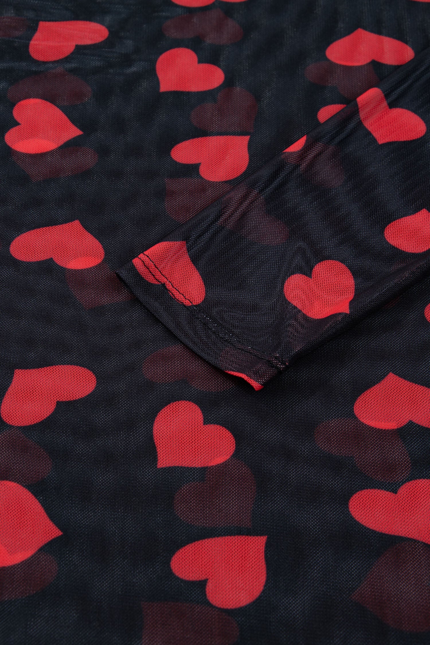 Black Valentines Heart Printed Sheer Mesh Long Sleeve Top