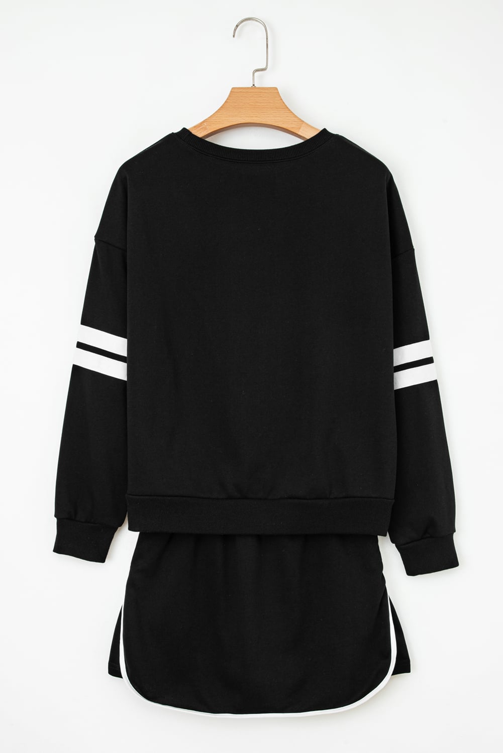 Black Varsity Stripe Detail Drop Shoulder Pullover Mini Skort Set