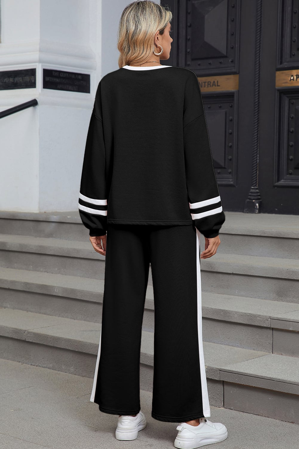 Black Varsity Stripe Patchwork Puff Sleeve Pullover Drawstring Wide Leg Pant Set