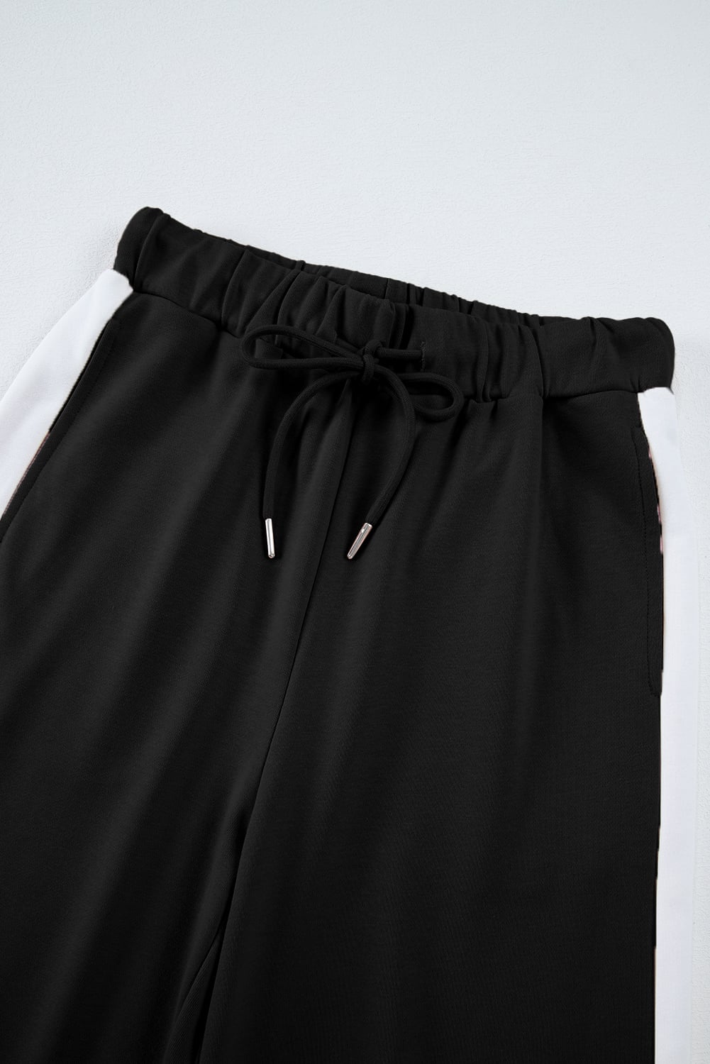 Black Varsity Stripe Patchwork Puff Sleeve Pullover Drawstring Wide Leg Pant Set