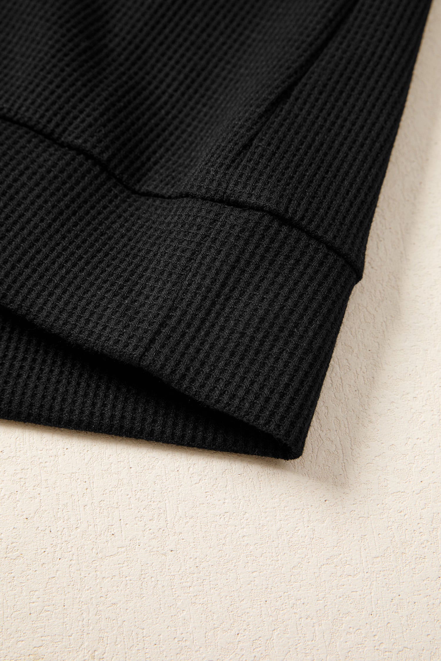 Black Waffle Knit Denim Color Block Patchwork Button Flap Polo Top
