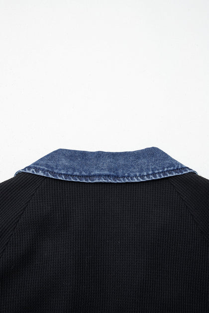 Black Waffle Knit Denim Contrast Trim Patchwork Button Polo Collar Top