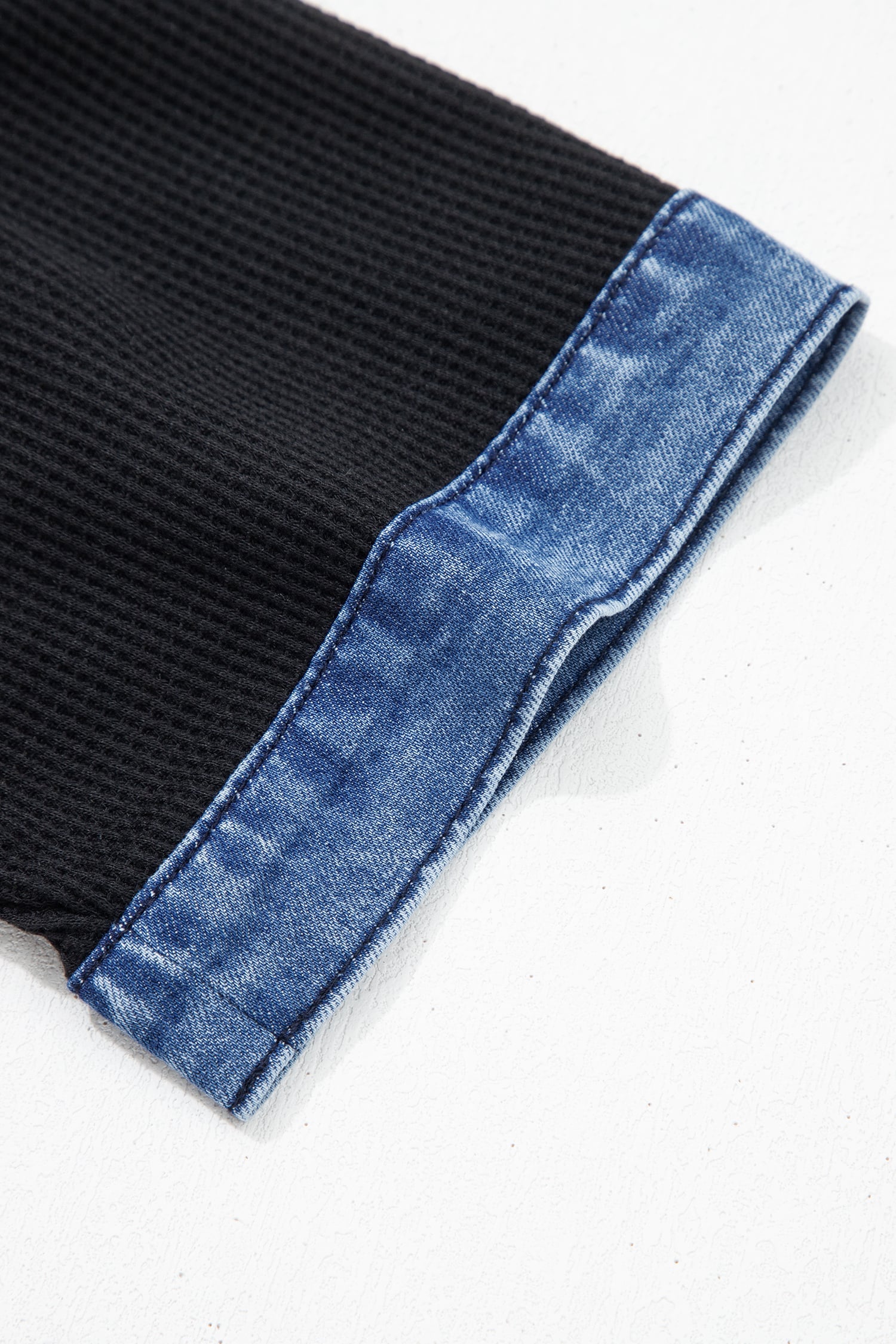 Black Waffle Knit Denim Contrast Trim Patchwork Button Polo Collar Top