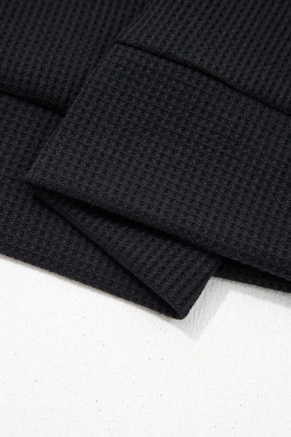 Black Waffle Knit Denim Contrast Trim Patchwork Button Polo Collar Top