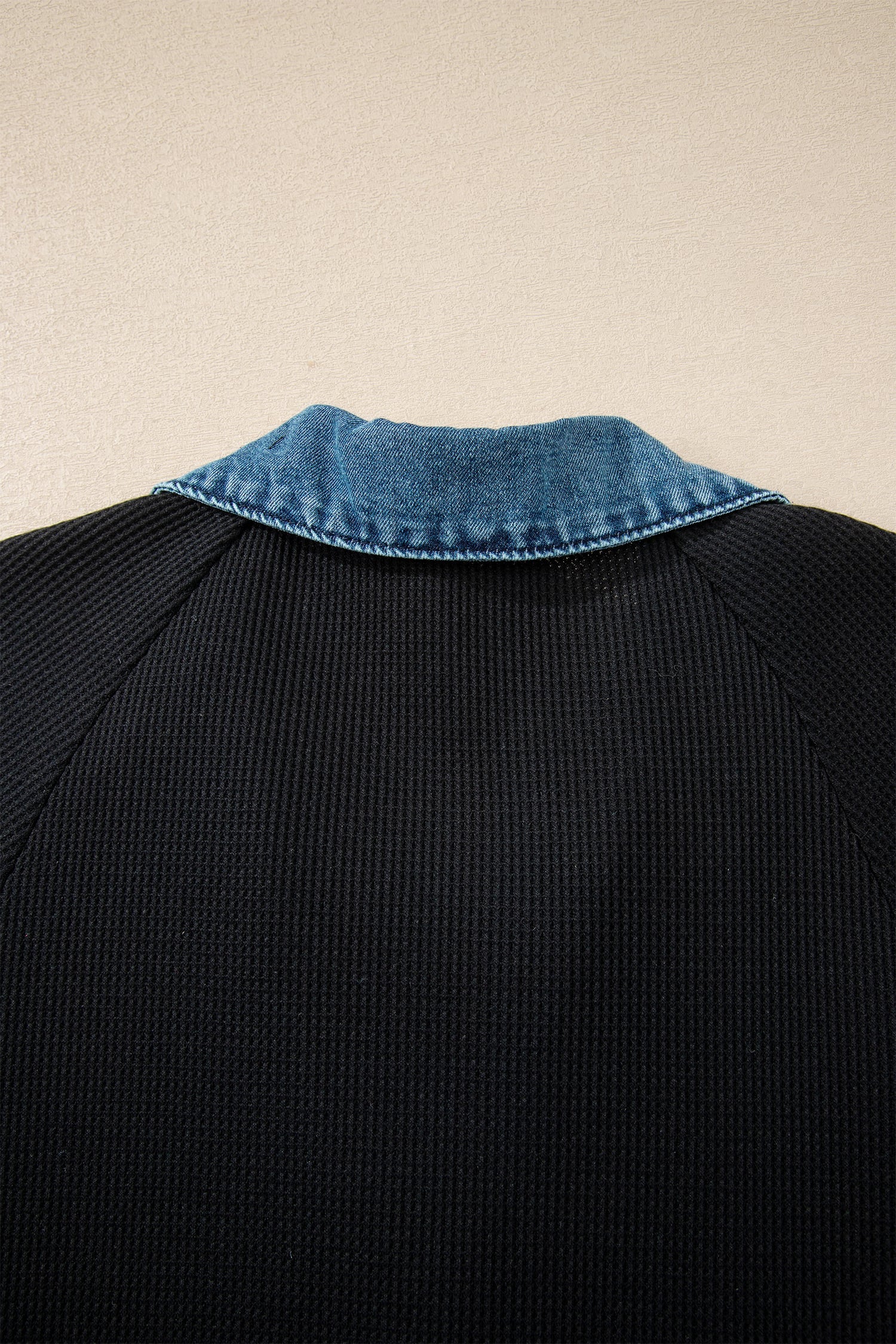 Black Waffle Knit Denim Contrast Trim Patchwork Button Polo Tee Dress