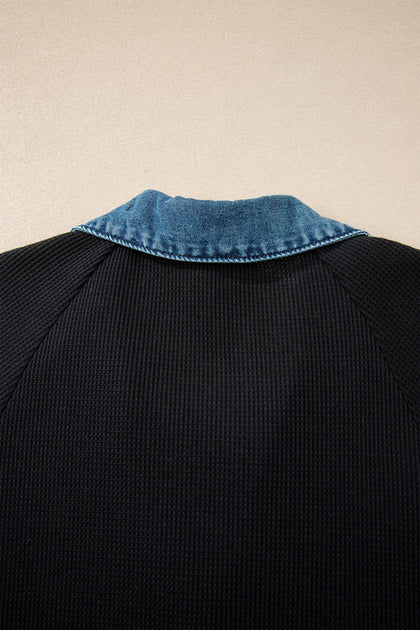 Black Waffle Knit Denim Contrast Trim Patchwork Button Polo Tee Dress