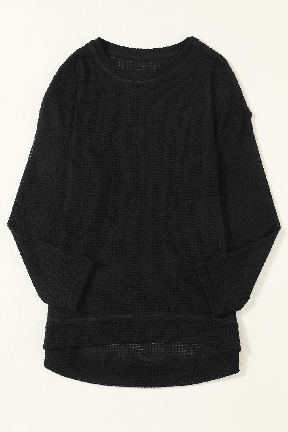 Black Waffle Knit High Slits Oversized Top