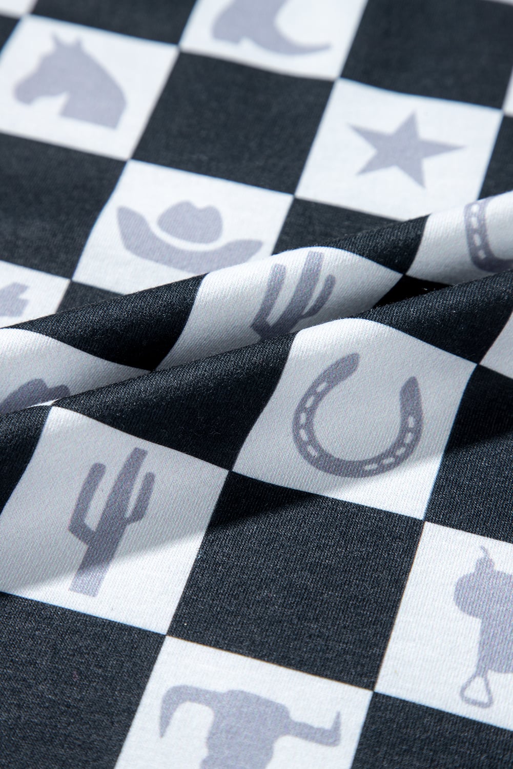 Black Western Fashion Checkerboard Print Side Split T Shirt