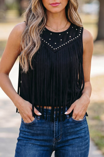 Black Western Fringe Rivet Paneling Bust Sleeveless Top
