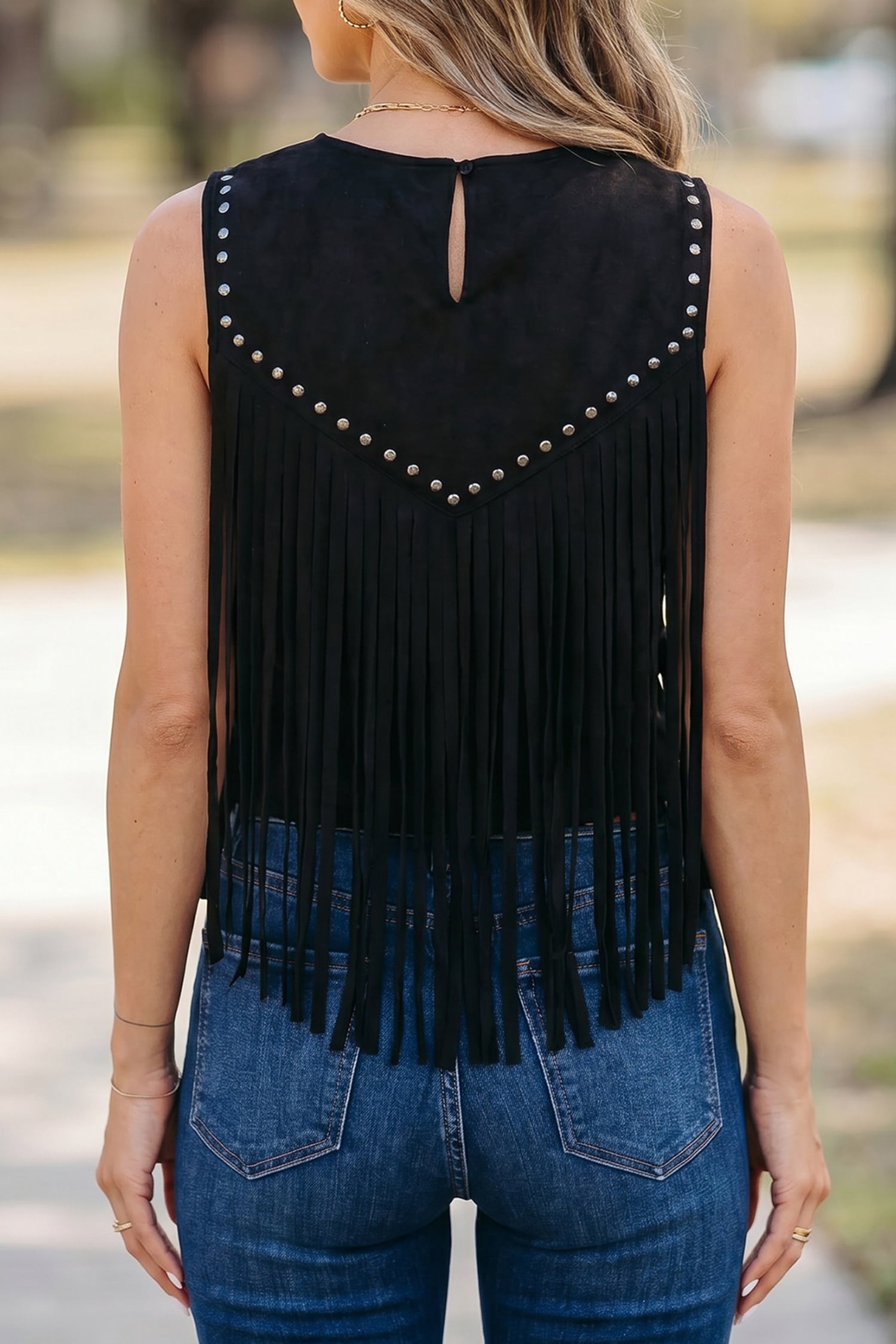 Black Western Fringe Rivet Paneling Bust Sleeveless Top