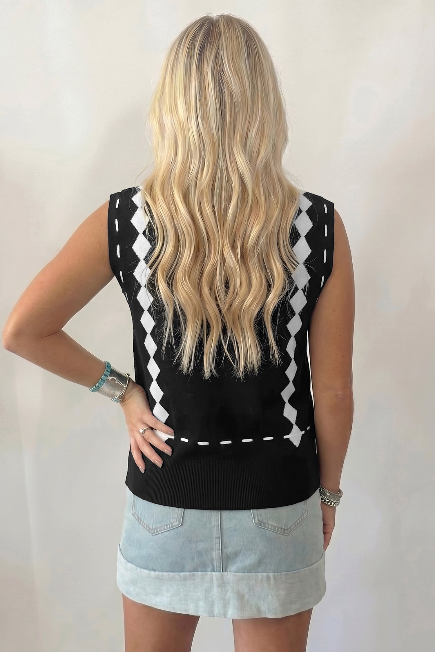 Black Western Horse Geometric Print Mock Neck Sweater Vest