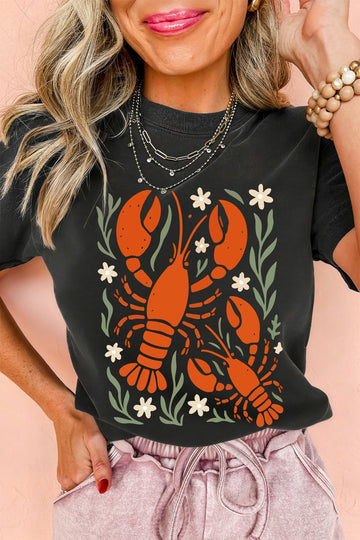 Black Western Lobster Print Loose Summer Tee