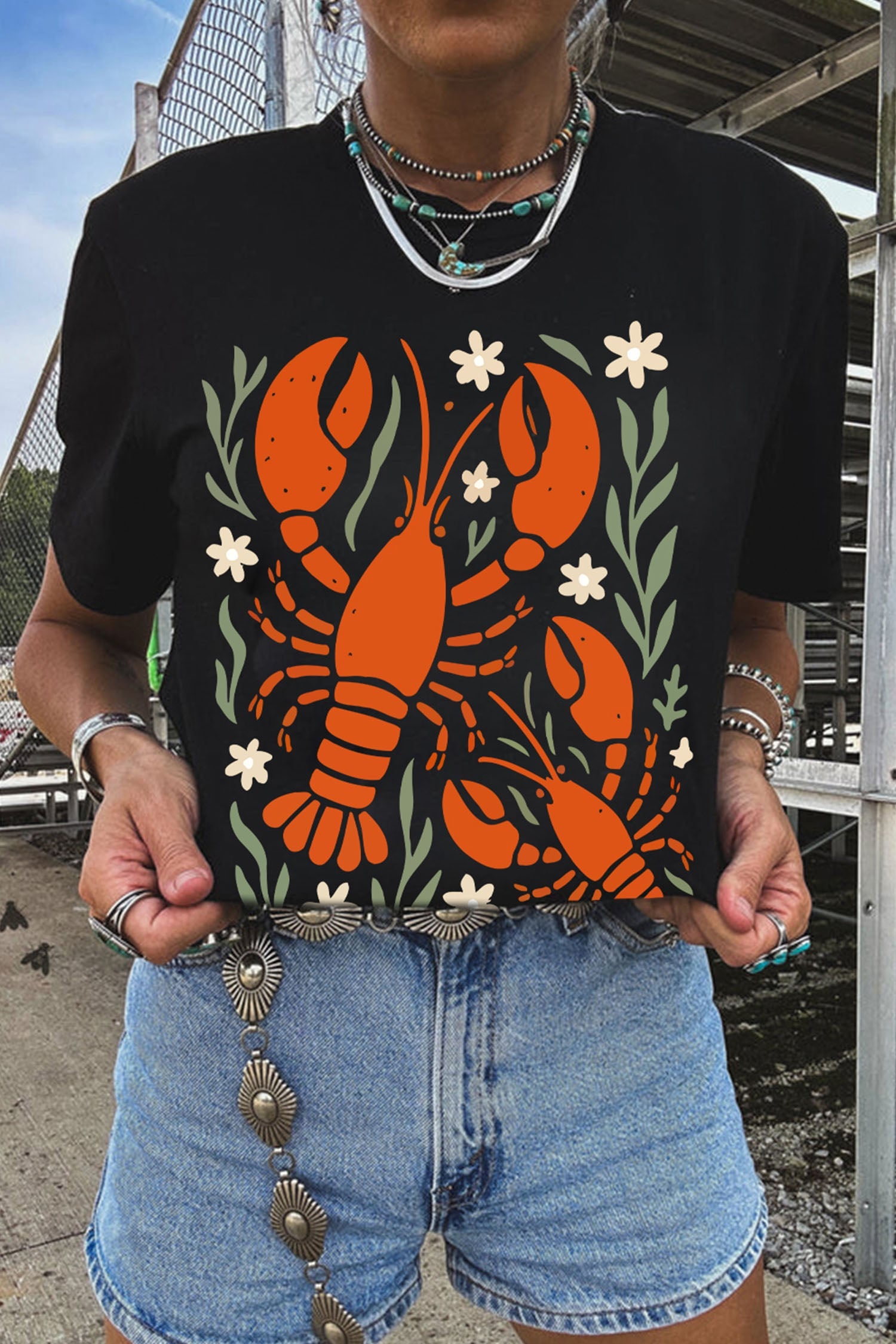 Black Western Lobster Print Loose Summer Tee