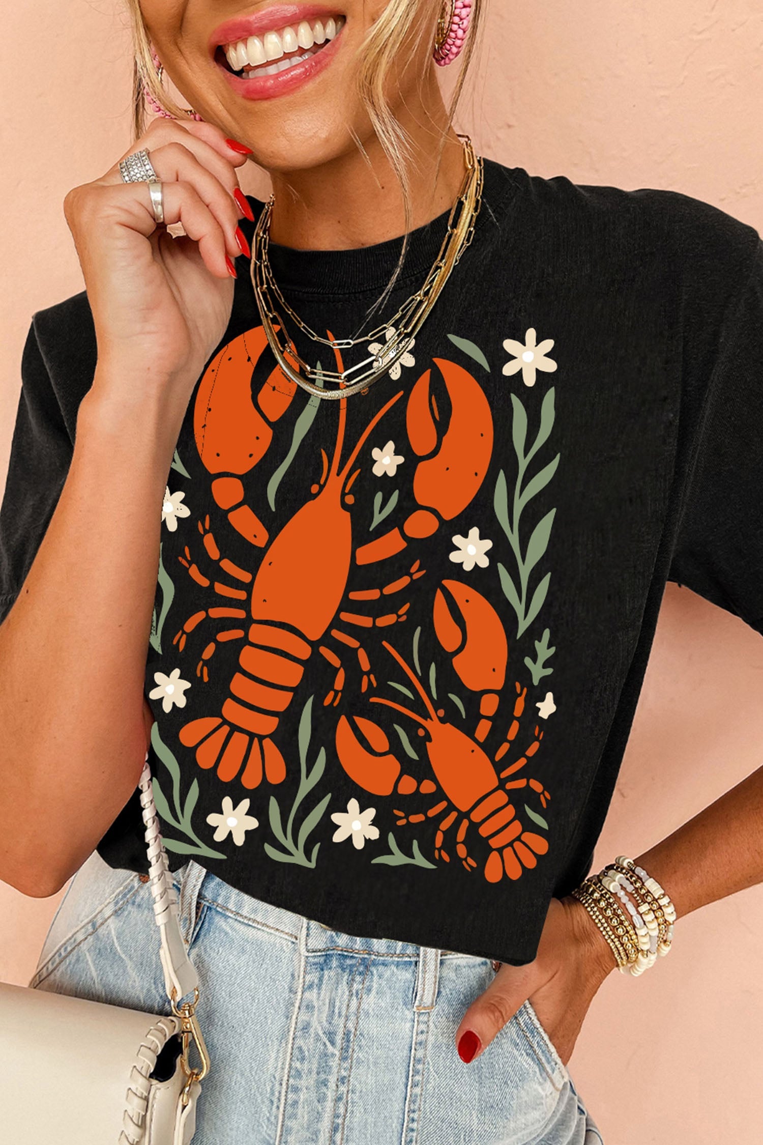 Black Western Lobster Print Loose Summer Tee